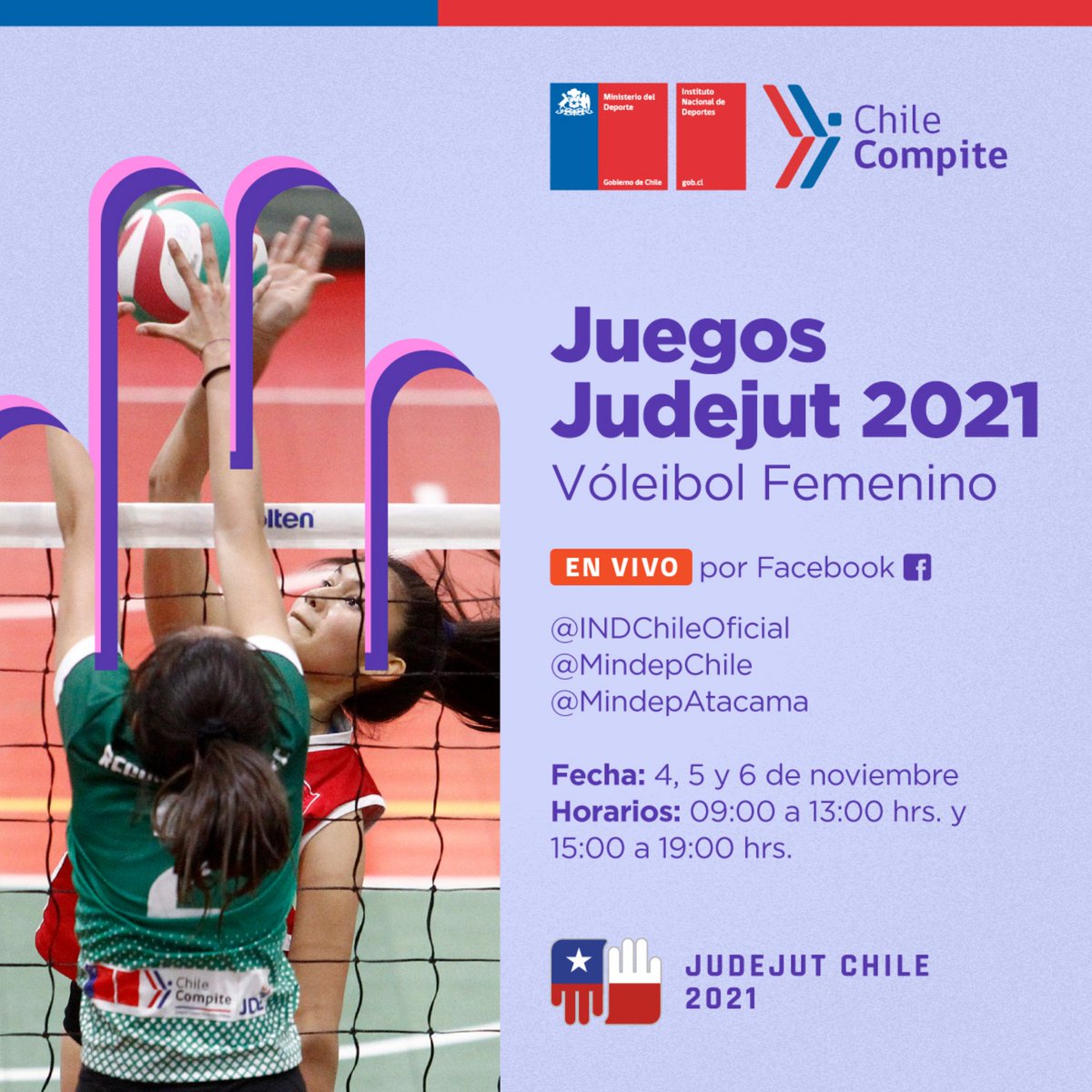 ¡Sigue los #Judejut en vivo! 📡

A través de nuestro #Facebook, el de <a href="/INDChileOficial/">IND Chile 🇨🇱</a> y <a href="/MindepAtacama/">Mindep Atacama</a> podrás seguir EN DIRECTO desde el Centro <a href="/eligevivirsano/">Elige Vivir Sano</a> de #Caldera el vóleibol femenino de los Juegos de la Juventud Trasandina 🏐

¡Comenzamos a las 9 AM! 🕙 Te esperamos 🙌