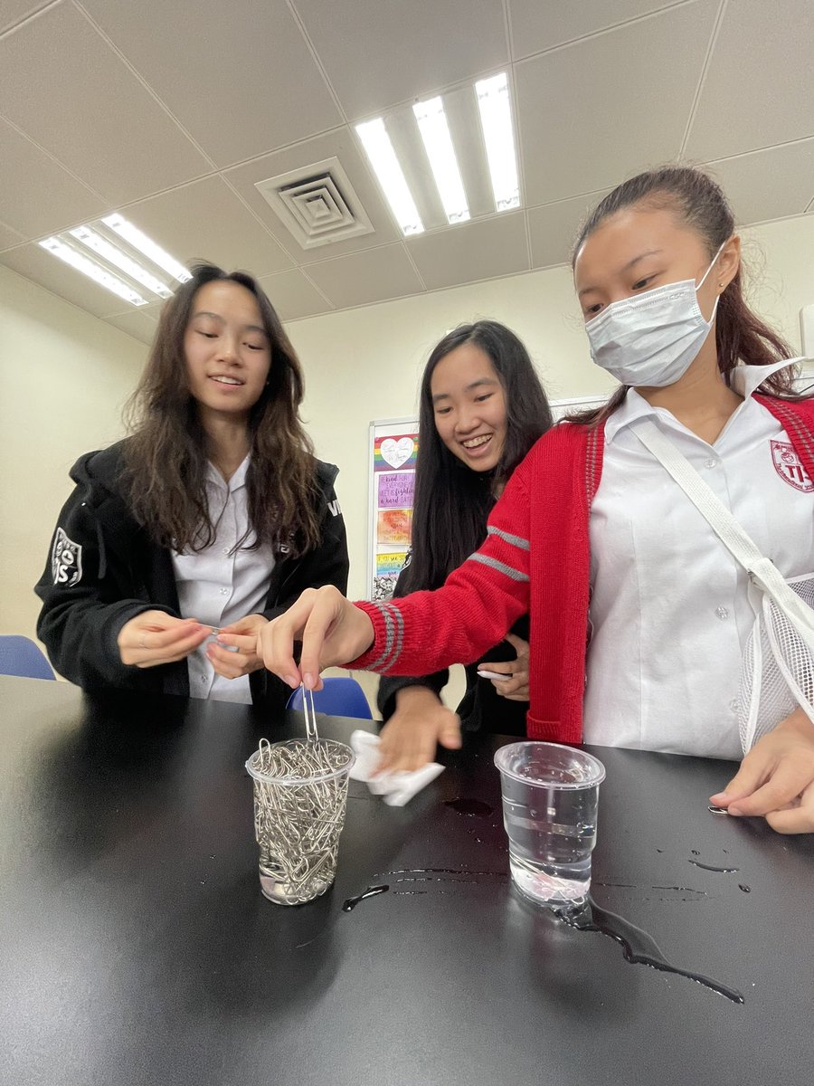 MakLydia's tweet photo. How strong are hydrogen bonds? Grade 10s tested their predictions by dropping paper clips into cups of water to find out 😮 #tismacao #tisscience https://t.co/FsCTBQB1nP