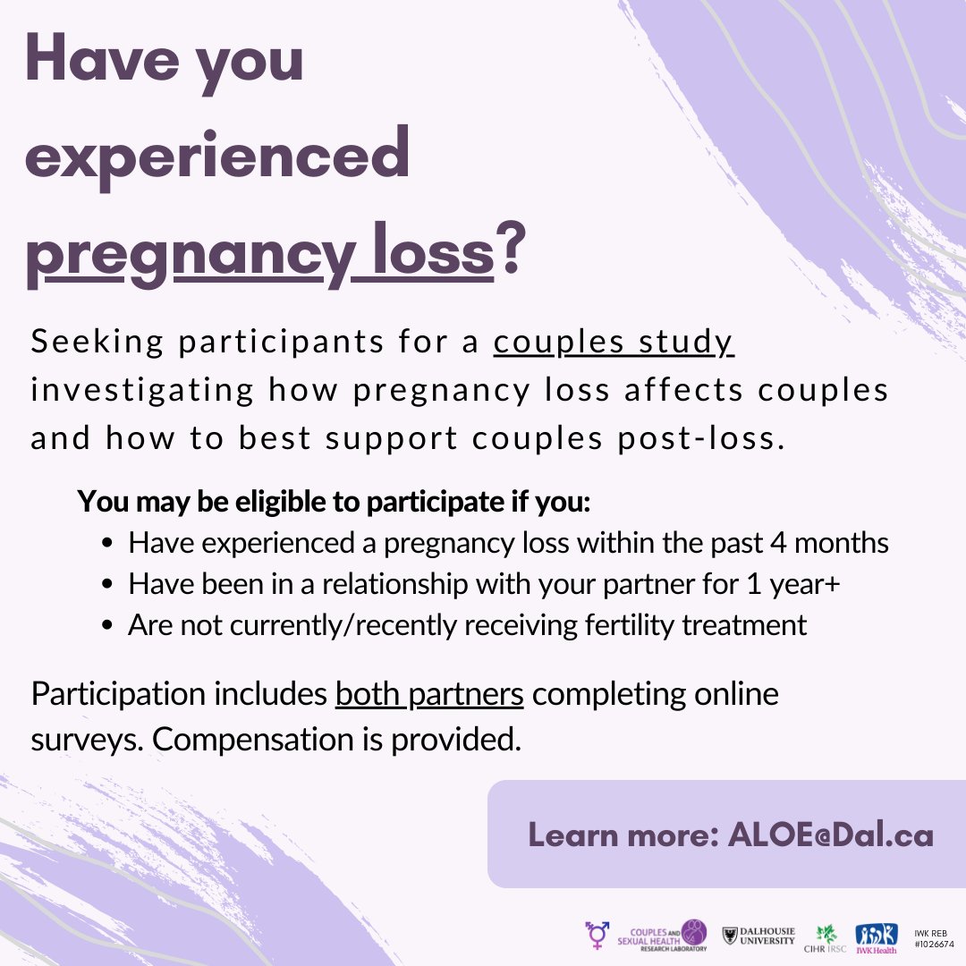 Couples & Sexual Health Lab (@dalcashlab) on Twitter photo Our lab is seeking participants for a couples study investigating how pregnancy loss affects couples and how to best support couples after a loss. Click here for more information 👉 buff.ly/3k3dDOP or email ALOE@Dal.ca #pregnancylossawareness #relationshipresearch Our lab is seeking participants for a couples study investigating how pregnancy loss affects couples and how to best support couples after a loss. Click here for more information 👉 buff.ly/3k3dDOP or email ALOE@Dal.ca #pregnancylossawareness #relationshipresearch