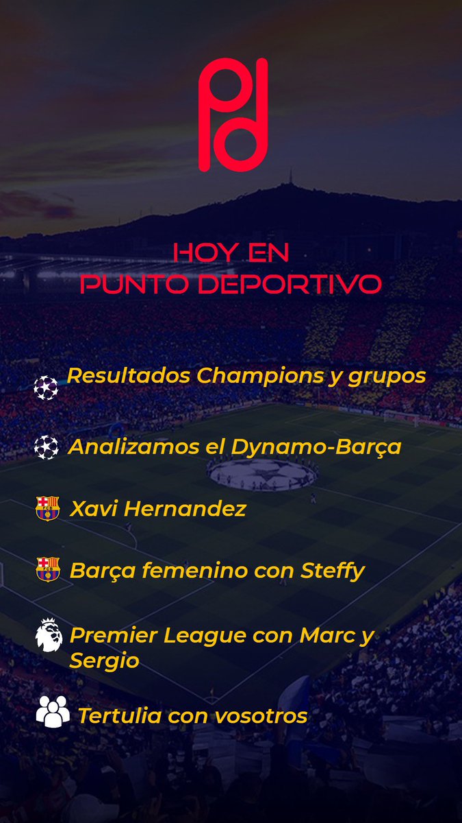 _PDeportivo's tweet photo. HOY TENEMOS PROGRAMA!🎙
Con novedades….🙌🏽

Te lo vas a perder?
A las 22:30 en nuestro canal de Twitch
https://t.co/aoougHGDot

#twitch #barçafemenino #FCBarcelona #ChampionsLeague #DynamoBarca #Xavi https://t.co/Wa2sar2K7w