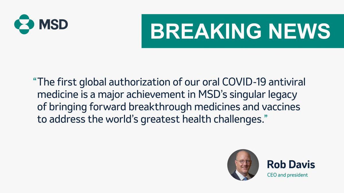 BREAKING: Today we announced the first authorization in the world for our investigational #COVID19 #antiviral treatment, from the United Kingdom’s MHRA. Read more about the news: msd.gl/3bCnyX4