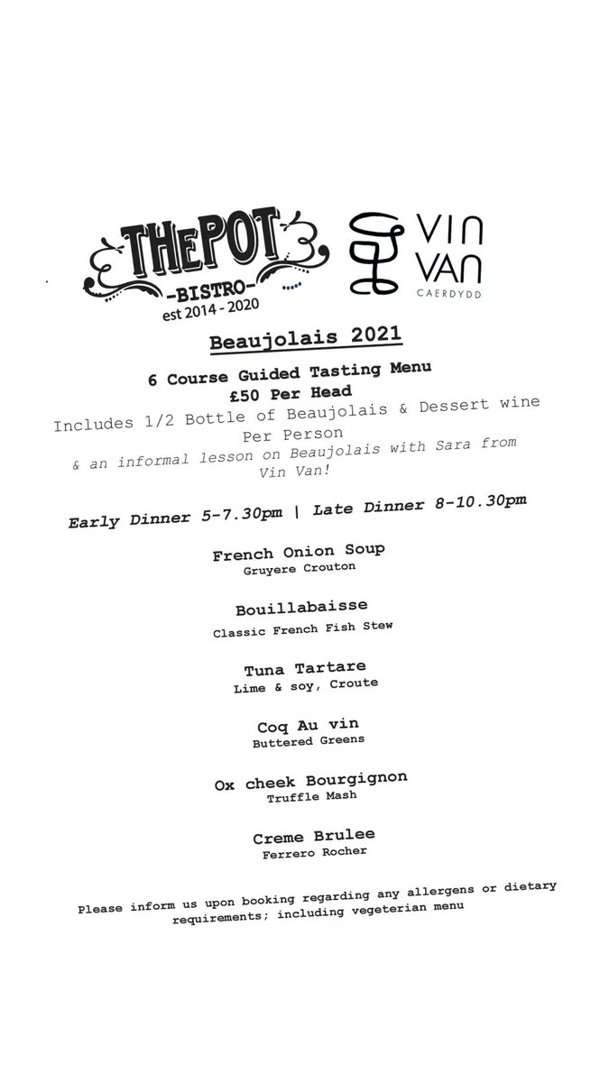 🇫🇷🍷BEAUJOLAIS COLLABORATION 🍷🇫🇷

We are filling up FAST for Beaujolais 2021; so much so that we have decided to do 2 sittings! 

You don't want to miss it...
The Pot Bistro will be back for one LAST time...