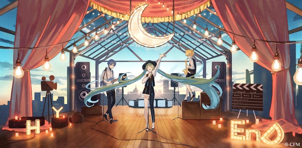 hatsune miku ,kagamine len ,kaito (vocaloid) 2boys multiple boys twintails blonde hair speaker long hair curtains  illustration images