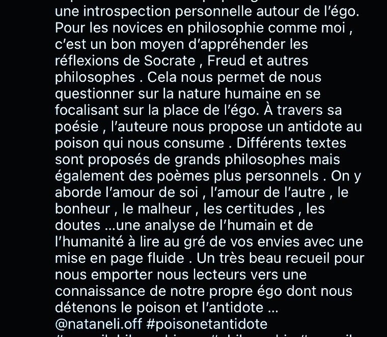 PoisonAntidotes's tweet photo. Retour de lecteurs #essaiphilosophique #vulgarisationdelego #poisonetantidote #nataneli #poesie #lire #litterature #lireunlivre #lecture #lecteurs #BookTwitter #BalanceTonPost #avislecture https://t.co/CSkHDjgmv1