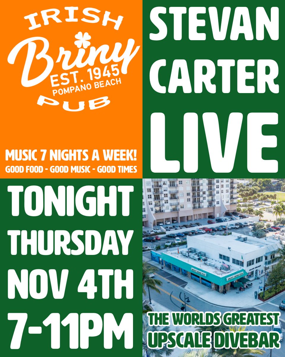 brinypubpompano's tweet photo. Stevan Carter is live tonight 11/4/21 stop by for some cold drinks and craft beer. Fresh Mahi Tacos, FIsh &amp; Chips. 
#pompanobeach #brinyirishpub #livemusic #countrymusic #rocknroll #localmusic #craftbeer #divebar #pompano #beachbar @Stevancarterguitarist @Stevancarter1 https://t.co/6LeIM21uuv