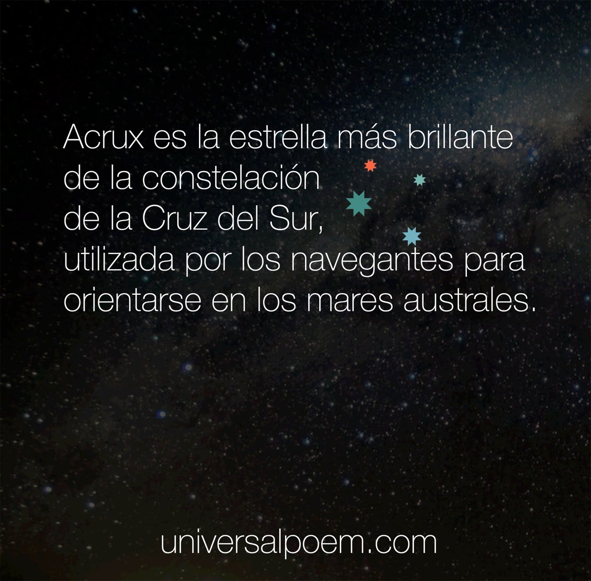 PoemUniversal's tweet photo. 🌌#ACRUX. La Estrella más brillante de la constelación de la #CruzdelSur y Festival Internacional de Poesía del Estrecho de Magallanes. En este contexto universal, vuestros versos se preparan para un comienzo de año mágico desde #Chile. Y los versos que vendrán... #Escribeup https://t.co/HLaUD3DCs0