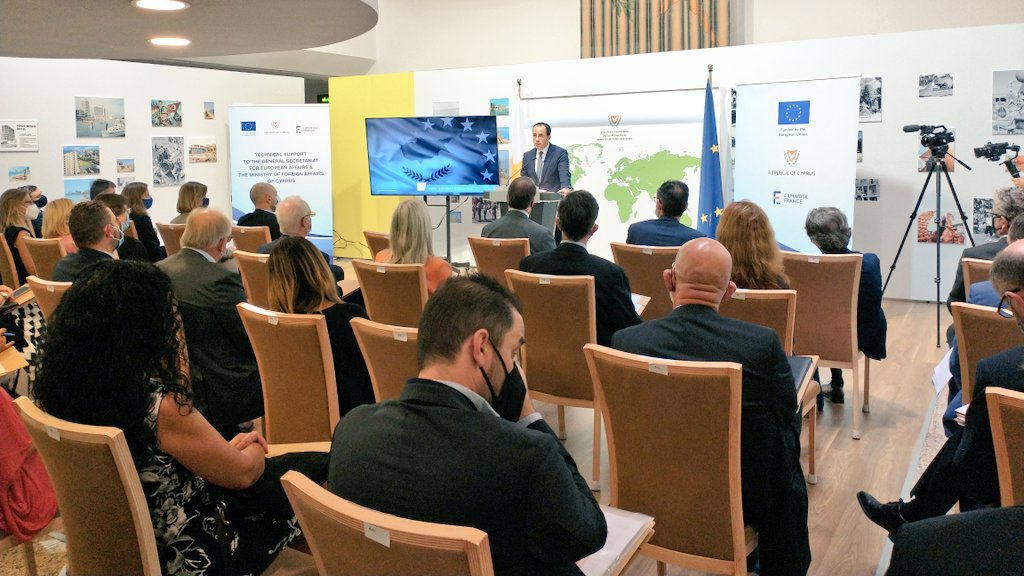 CyprusMFA's tweet photo. FM @Christodulides addresses the event for the presentation of #Cyprus' National Strategy for #EU affairs adopted by the Council of Ministers, marking also the completion of the technical support project funded by @EU_reforms & carried out by @expertisefrance & #CyGenSecEU.
🇨🇾🇪🇺 https://t.co/KWtVQ1gcE9