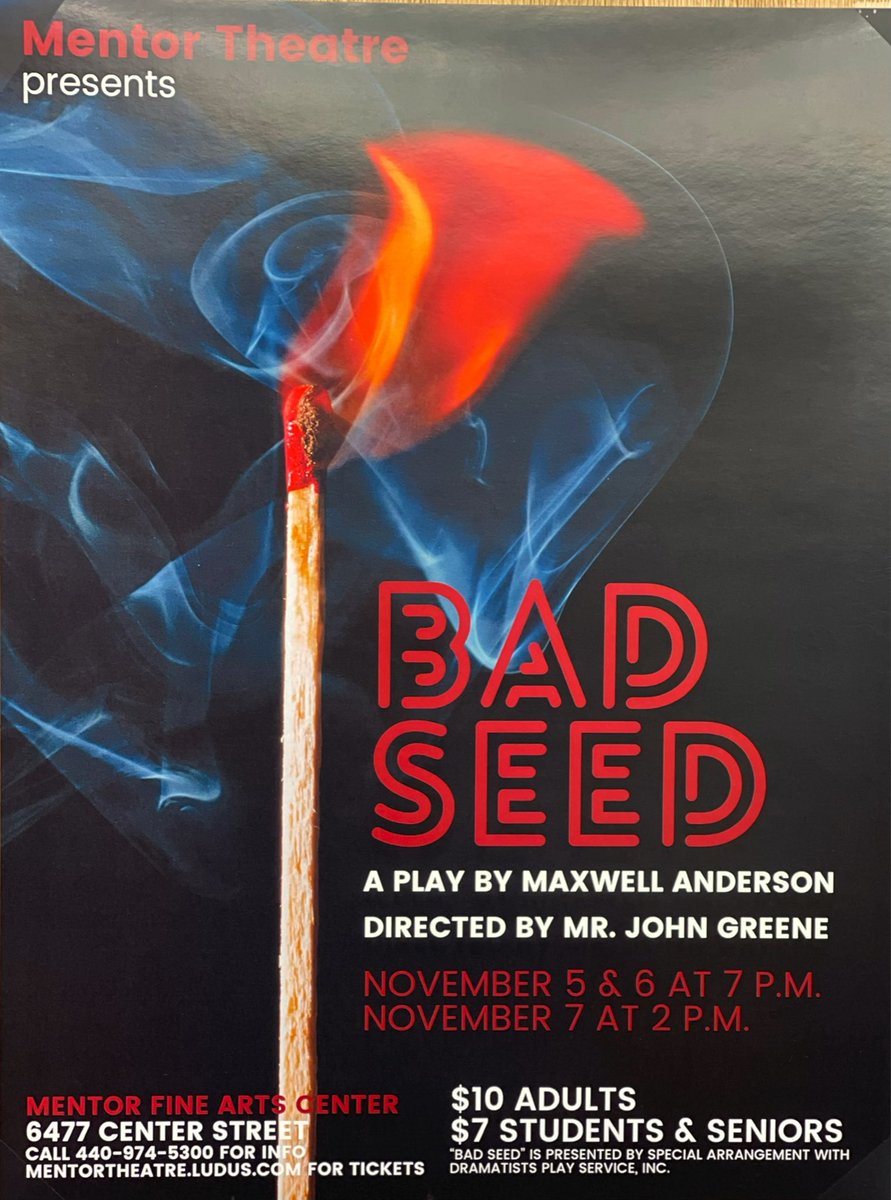 Jason Crowe (@principalcrowe) on Twitter photo Looking for something to do this weekend? Come out and see Mentor Theatreās production of āBad Seedā by Maxwell Anderson. @mentor_theatre <a href="/MentorHigh/">Mentor High School</a> Looking for something to do this weekend? Come out and see Mentor Theatreās production of āBad Seedā by Maxwell Anderson. @mentor_theatre <a href="/MentorHigh/">Mentor High School</a>