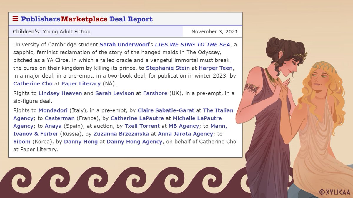 I am so thrilled to share that LIES WE SING TO THE SEA, my sapphic YA reclamation of the Homeric mythology, will be published in early 2023 by @HarperTeen 
This is a book about fate and grief and tragedy, but it's also about hope, and the love we leave behind us when we go🗡️🏺🌊