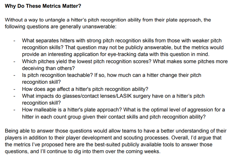 fbb_sc's tweet photo. With the season over, I’ve been kicking around some new metrics (1/2)

Aggressiveness Score: describes a hitter’s plate approach

Pitch Recognition Score: describes a hitter’s ability to recognize whether or not a pitch will be a strike

Read more here: https://t.co/O4xLd36k80 https://t.co/nhwz6YRCqT