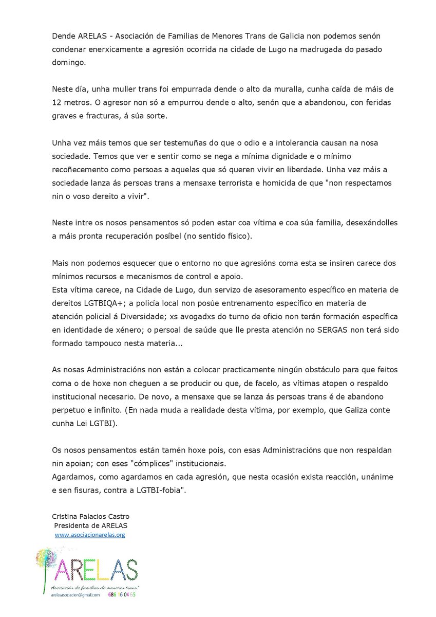 ARELAS_Afmt's tweet photo. Comunicado de ARELAS pola agresión transfóbica cometida contra unha rapaza trans na cidade de Lugo.
Desde aquí todo o noso agarimo e apoio á víctima e a familia. https://t.co/EFEQusPbHW