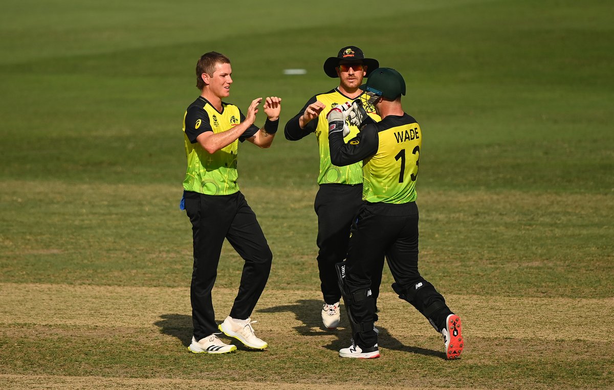 ICC's tweet photo. Bangladesh are bowled out for 73 ☝️

Zampa with a five-wicket haul steals the show for Australia 🌟

#T20WorldCup | #AUSvBAN | https://t.co/r00X0zwFPt https://t.co/oVgi3DLb7Q