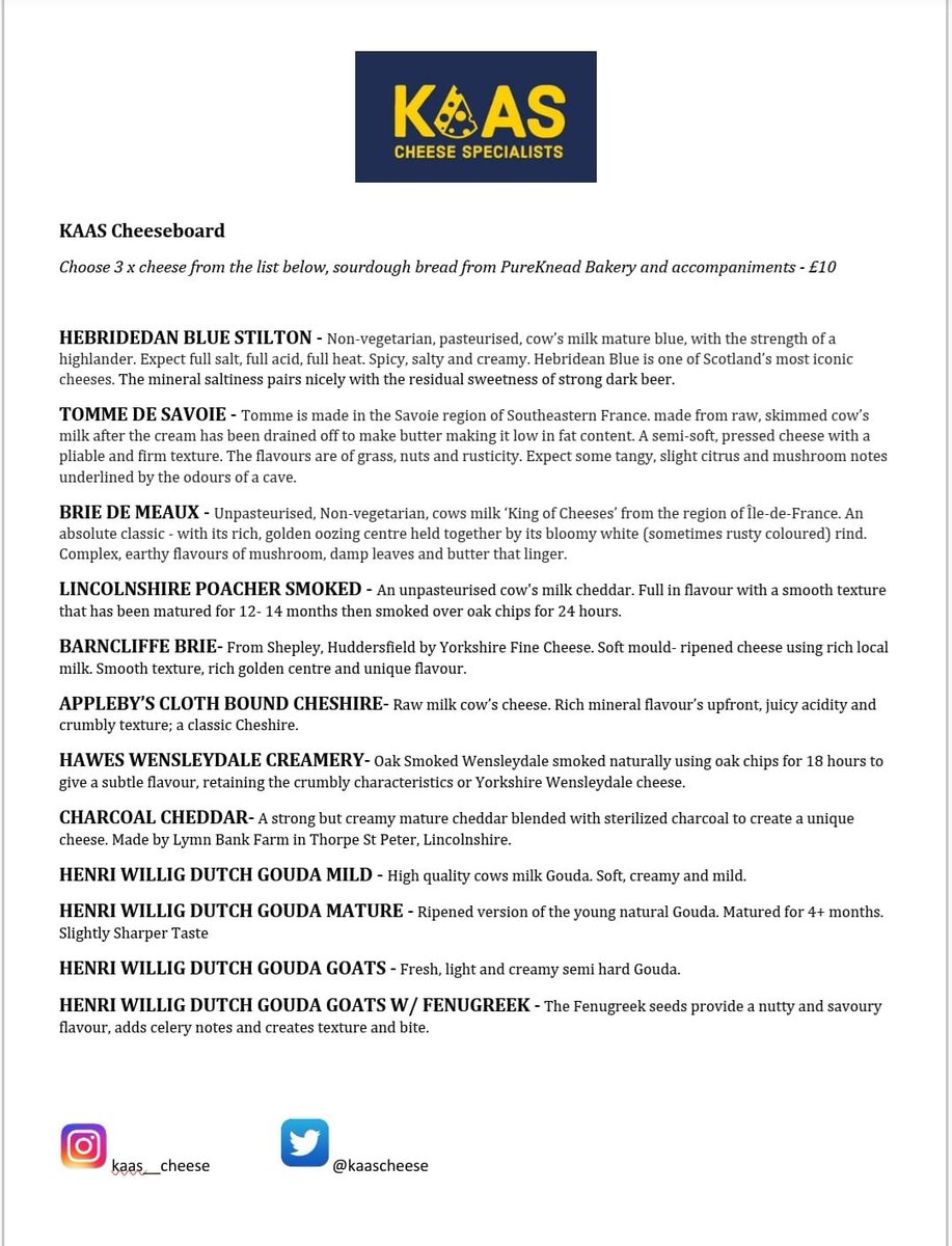 kaascheese's tweet photo. TA DA 🎉 
Here’s the cheese list for tonight @TheFreeTradeInn. 

Featuring some classics such as Hawes Wensleydale to some exciting different cheeses including a Charcoal Cheddar 🧀◾️

Serving from 5pm! https://t.co/RSK3ZpdVM4