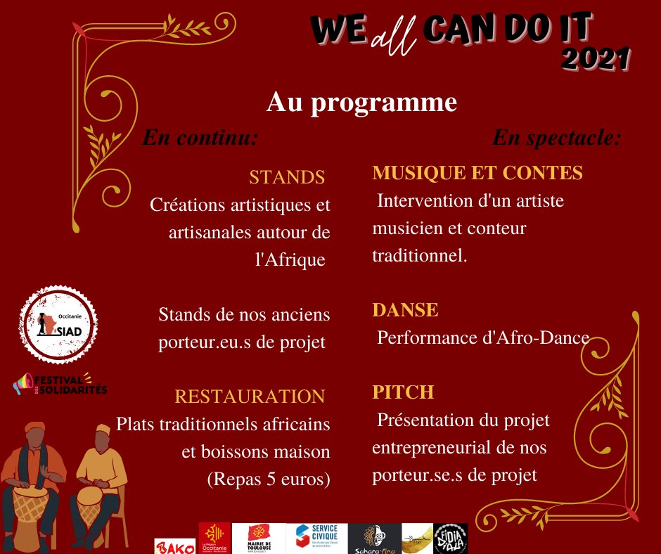 Hey! Voici le programme de notre évènement We All Can Do It. Tenez vous prêt.e.s, c'est le 25 novembre à la Salle San Subra (Toulouse) de 18h30 à 22h00.  Entrée prix libre et inscription sur helloasso.com/associations/s…
On vous attend nombreux.ses!!!