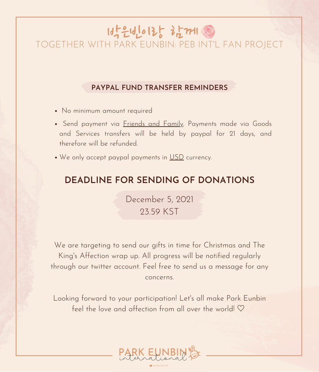 parkeunbinintl's tweet photo. 박은빈랑 함께 • TOGETHER WITH PARK EUNBIN 🌷

Calling all International Bingo! PEB Int'l's 1st fan project is officially OPEN! 

We're opening the fund raising to make this project successful. See the full details below ⬇️

#박은빈 #ParkEunbin #朴恩斌 #연모 #TheKingsAffection https://t.co/UKgeWns53o
