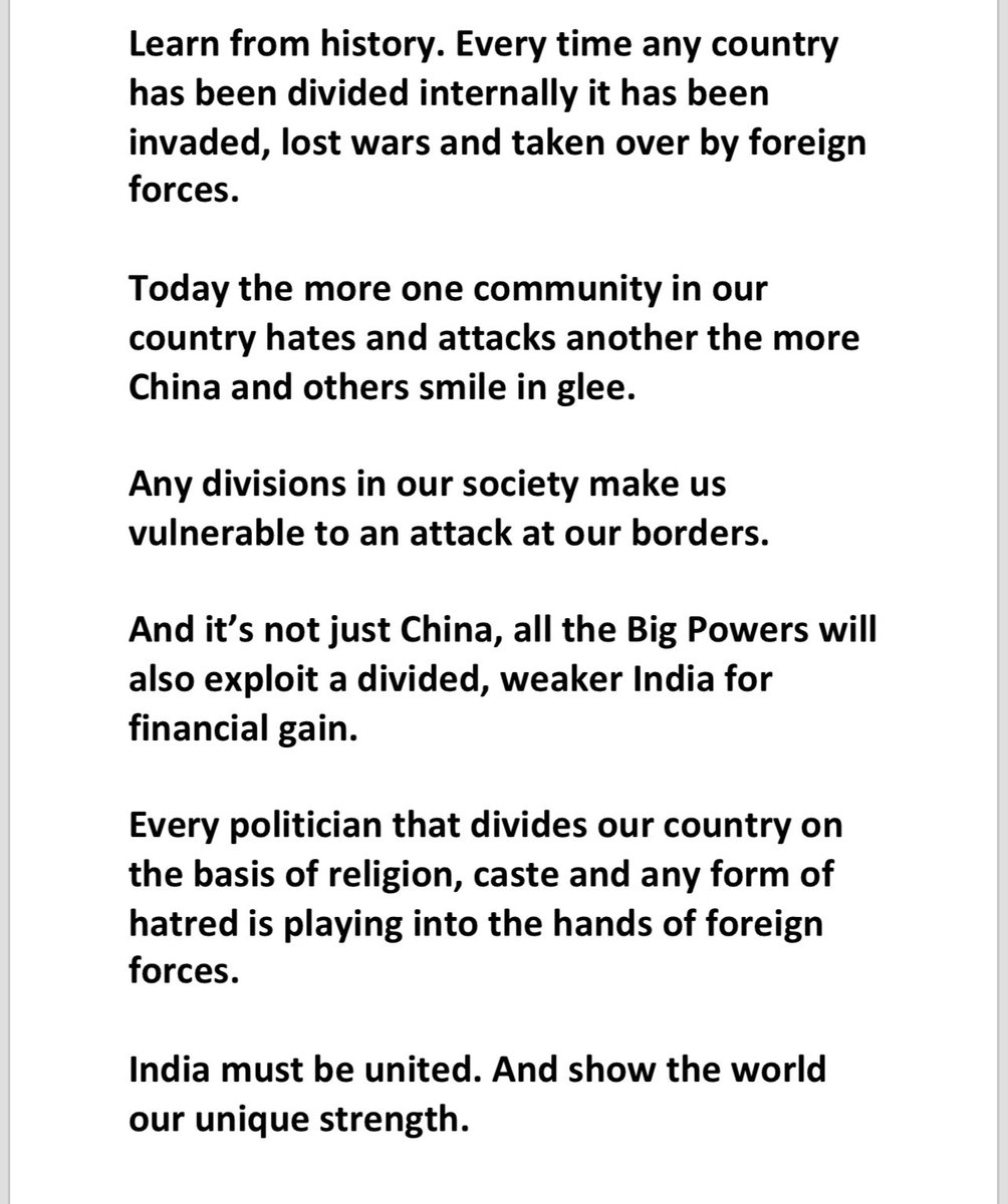Politicians that divide India make India vulnerable to attack by China and the Big Powers