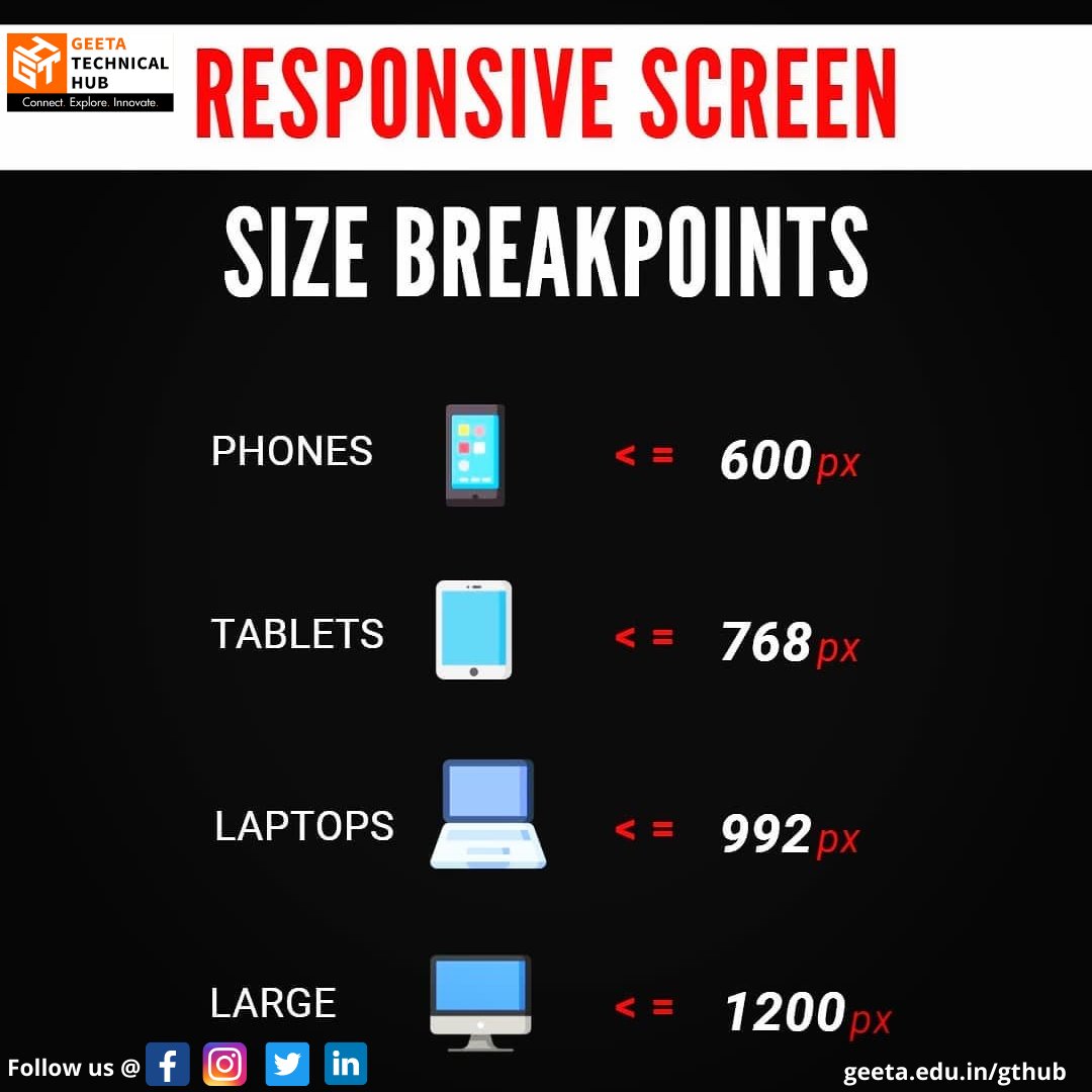 Responsive screen size breakpoints of Phones, Tablets, Laptops and Large Screens. Follow @gtechnicalhub for more knowledgeable posts.

#screensize #laptops #computer #tablets #mobilephones #responsivescreen #bootstrap #html #css #php #developer #ggi #gthub #geetatechnicalhub