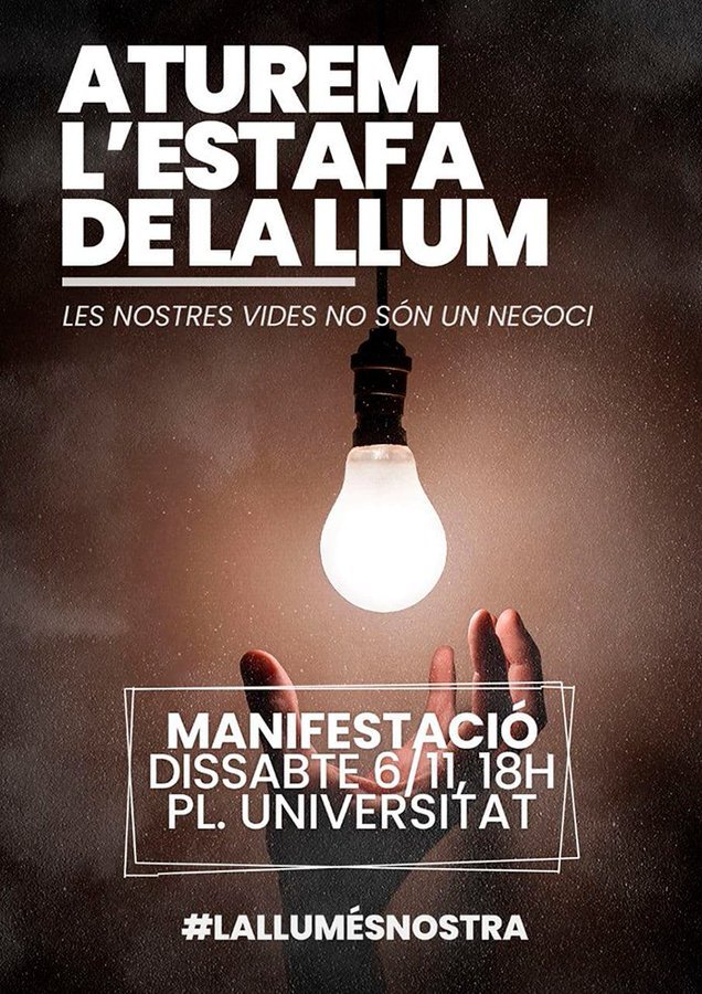 Si el precio de la luz te parece una estafa, tienes dos opciones: seguir quejándote, o salir a la calle y decir basta. Este sábado, manifestación unitaria en Barcelona para mandar un mensaje claro al oligopolio energético y al Gobierno.

#LaLlumÉsNostra