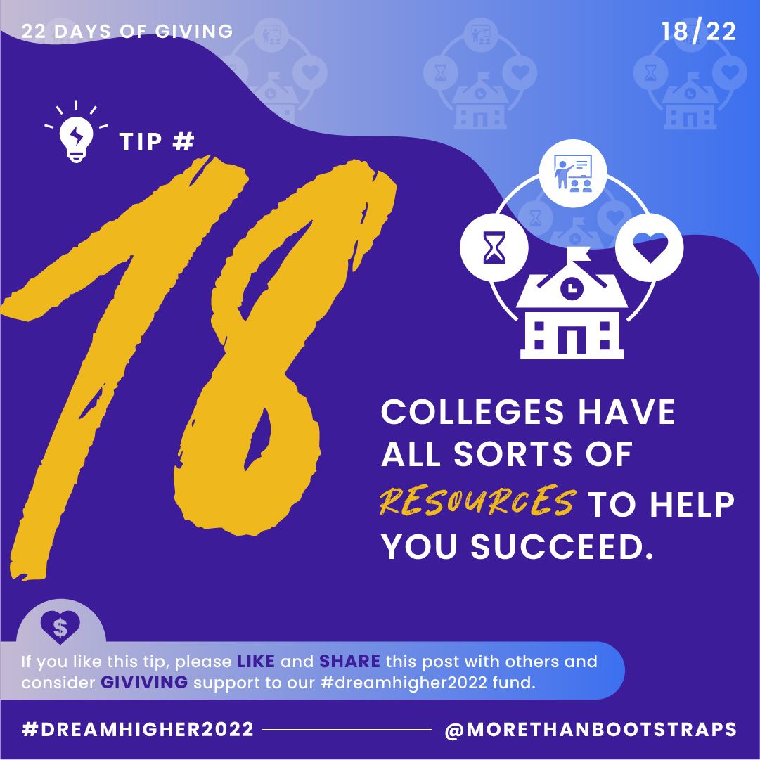 MBootstraps's tweet photo. #22daysofgiving Day #18: Colleges have all sorts of resources to help you succeed: time management workshops, tutoring, counseling, etc. Take advantage of these “free” resources; you are paying for them with your tuition and fees!
#dreamhigher2022 #MoreThanBootstraps #highered https://t.co/rJzA8KRmoO