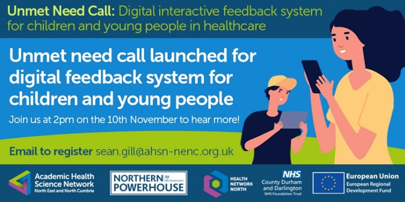 HI_NENC's tweet photo. We have launched an unmet need call with @CDDFTNHS for a digital interactive feedback system for children and young people accessing healthcare. Keen to know more? Join our Q&amp;A session at 2pm on the 10th November to find out how to get involved! https://t.co/8NOLgzEU8z https://t.co/sd8CAqsrNl