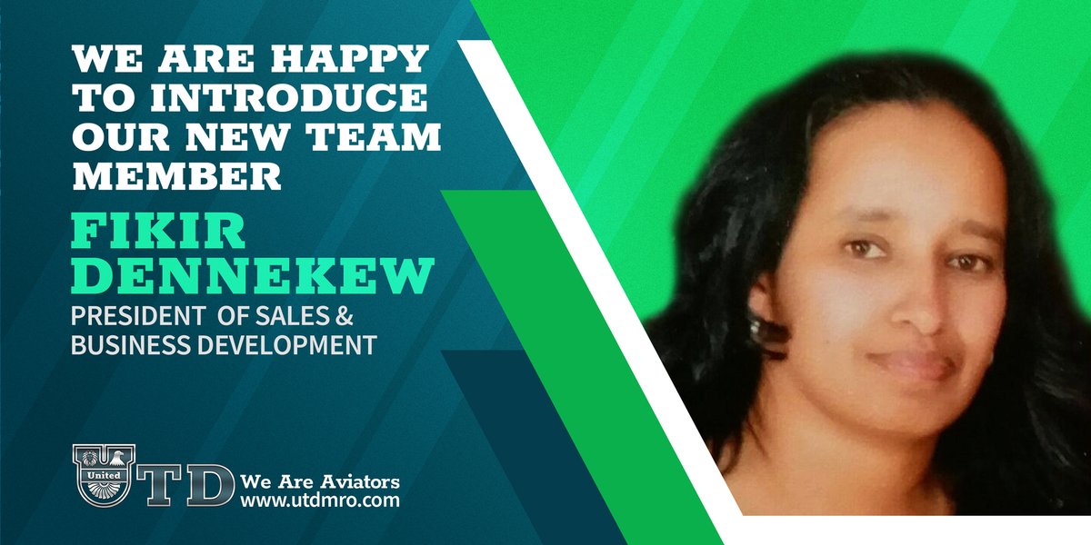 UtdMRO's tweet photo. We'd like to introduce our new President of Sales &amp; Business Development, Mrs. Fikir Dennekew Assaye. Our customers will benefit from her expertise in all facets of spare parts procurement.

Click here for more: https://t.co/05u5HLu2wP

#UTD #NewTeam #AfricanAviationRenaissance https://t.co/3bSxNZ6uVW