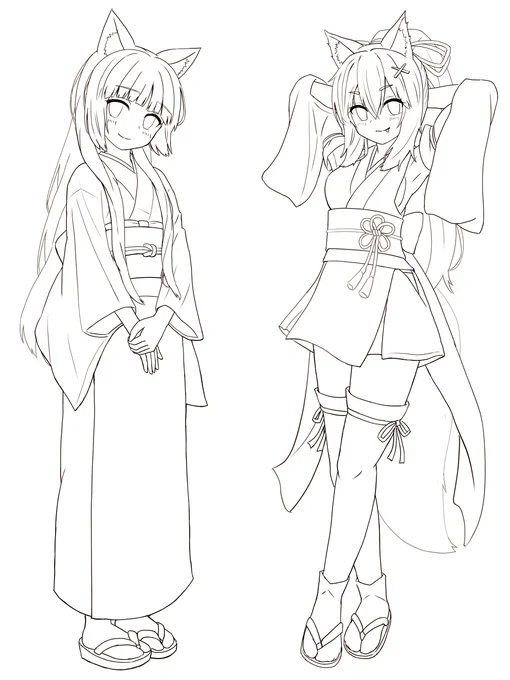 睦月ちゃんとくノ一ちゃんの線画 