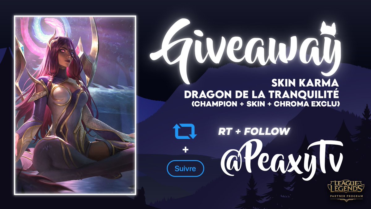 PeaxyTV's tweet photo. Instant #Giveaway grâce au #LeaguePartner !

🎁5 Packs Karma dragon de la tranquillité à Gagner 
(Champion + Skin + Chroma Exclusif) 

🔁RT ce tweet
✅Follow @PeaxyTV

TAS prévu le 27 Novembre, bonne chance à tous ! 
5 autres codes à gagner sur https://t.co/5claeIt9nG https://t.co/wOvZyxwwVg