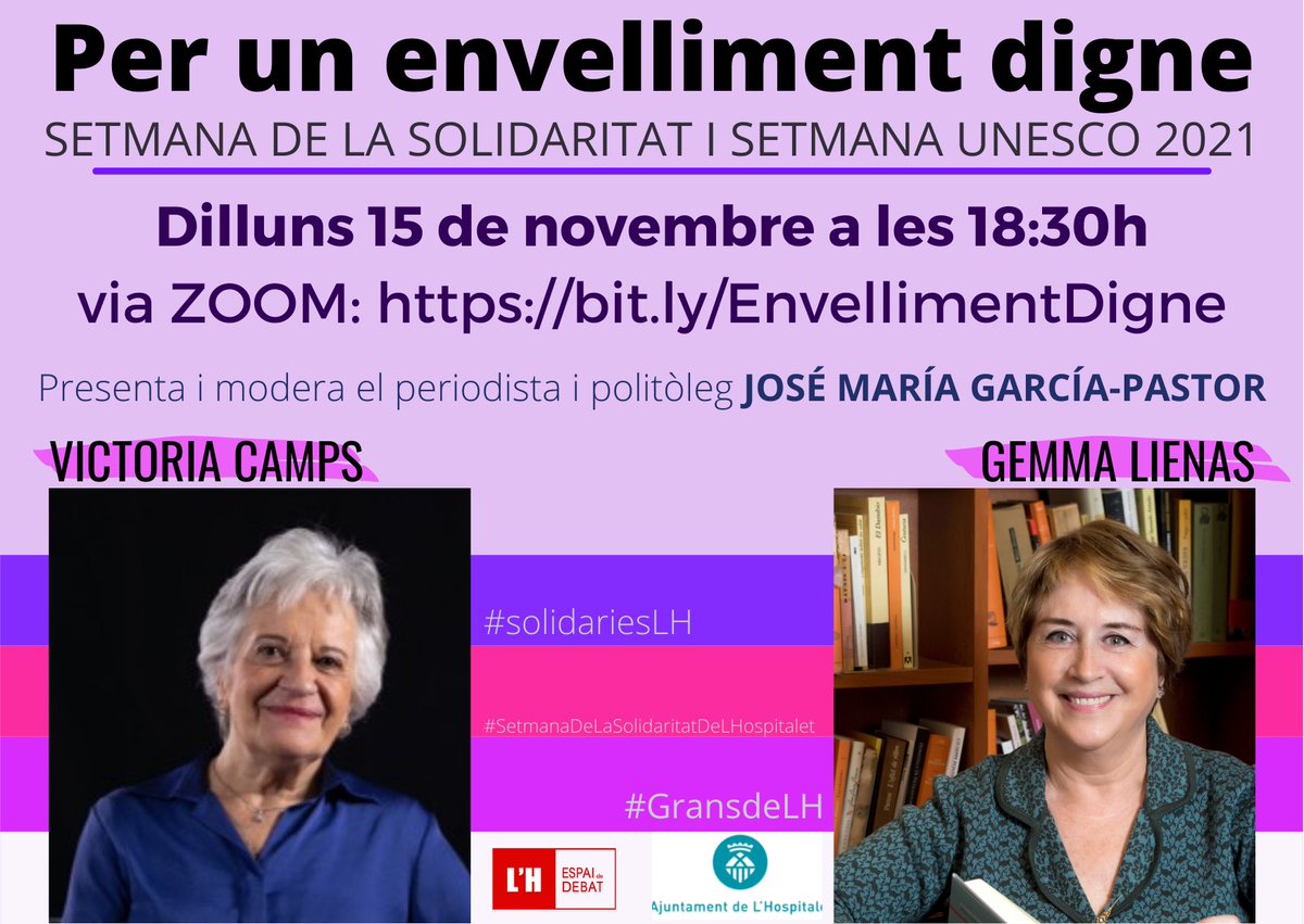 lhespaidebat's tweet photo. 🟣Per un envelliment digne #solidariesLH #GransdeLH
🗓️Dilluns 15 de novembre⏰18:30h
🗣️Conversa entre #VictoriaCamps i @gemmalienas
📲💻Via Zoom https://t.co/wVRv8ybHvu
📢també a través del nostre canal de YouTube! Subscriu-te!😊⬇️ https://t.co/dPVrSx95d1 https://t.co/oL855vFvxQ