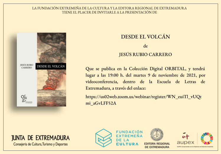 ¡#Presentación de un nuevo libro en formato digital! 📖 “Desde el Volcán” - Jesús Rubio Carrero 🗓 9 de Noviembre. ⏱19:00 👨‍💻 Se realizará mediante #streaming Síguela desde este enlace ⬇ us02web.zoom.us/webinar/regist…