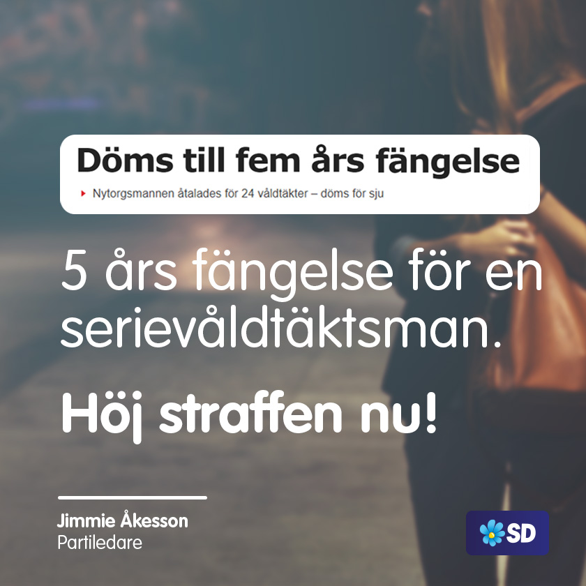 sdriks's tweet image. Den så kallade Nytorgsmannen som är en av Sveriges värsta serievåldtäktsmän döms idag till enbart 5 års fängelse för 7 våldtäkter. Det är rent ut sagt skamligt lågt. Straffen måste höjas för att brottsoffren ska få någon slags upprättelse.