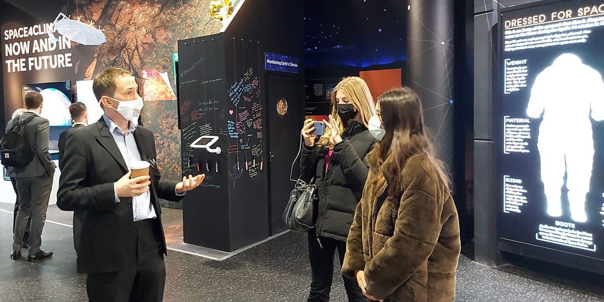 TelespazioUK's tweet photo. Lots of engagement on the @Space4Climate stand @COP26, with our Head of Marketing & Sales @gbusswell among the experts welcoming visitors and explaining about the crucial ways that #space and #satellite technology is helping address the climate crisis. #COP26 #TogetherForPlanet https://t.co/6IyoKuf25X