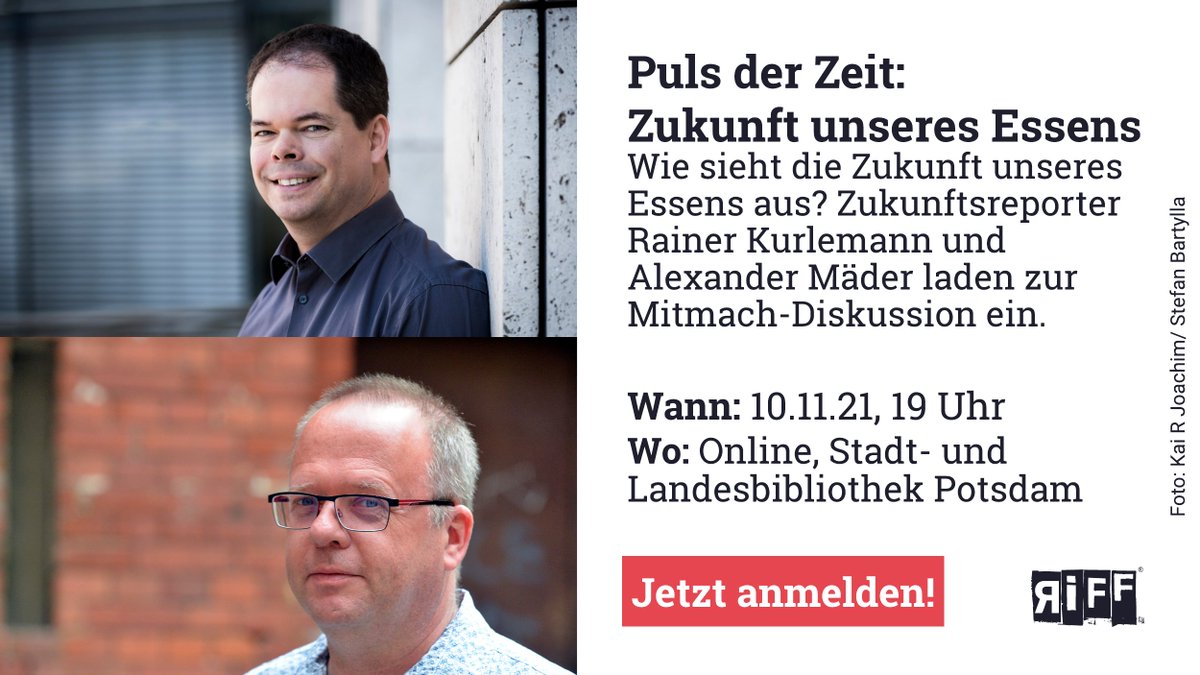 Lecker Quallen und #Hightech-Pflanzen? Wie die Zukunft der #Ernährung aussehen kann, diskutieren heute Riffreporter <a href="/RainerKurlemann/">Rainer Kurlemann</a> und <a href="/methodenkritik/">Alexander Maeder</a> mit Euch in digital mit <a href="/PBG_SLB/">Potsdamer Bibliotheksgesellschaft e.V.</a>. Noch schnell anmelden:
riffreporter.de/de/gesellschaf…
#Umweltschutz #Klimaschutz