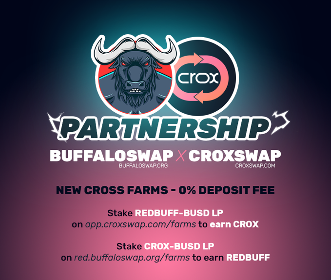 FLS_News_1's tweet photo. 🐃 @BuffaloswapDex Partners With @croxswap
🐃They have Launched New Cross Farms With 0% deposit fee.
🐃Stake #REDBUFF-BUSD LP to earn $CROX
https://t.co/ID90KhjLDh
🐊Stake $CROX-BUSD LP to earn #REDBUFF
https://t.co/JVKZ08HhQT
#FLS https://t.co/7IHnydFGm1