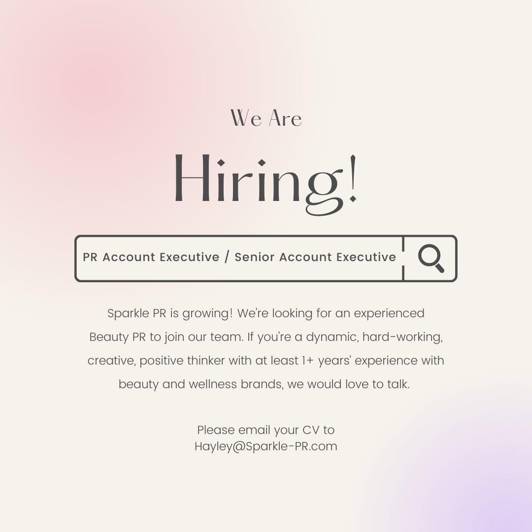 Sparkle PR is growing and, so is our team! We're seeking an experienced beauty PR to join us, working across beauty, haircare, fragrance, wellness, aesthetics and more.

The role is currently based remotely but will require travel to/flexible working in our South London office✨