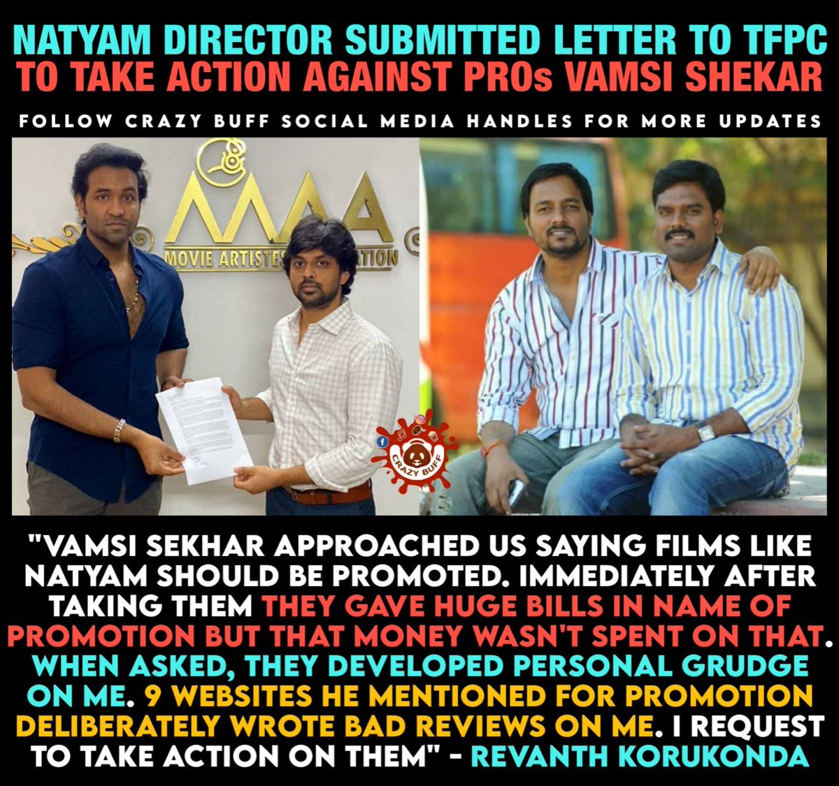 #Natyam @NatyamTheMovie director #RevanthKorukonda @RevanthOfficial submitted letter to #MAA President #ManchuVishnu @iVishnuManchu & TFPC to take action against PROs #VamsiShekar @UrsVamsiShekar