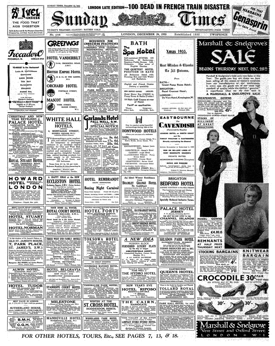 NewsUKArchives's tweet photo. Back in 1933 the front page of The Sunday Times was dominated by mostly hotel adverts. #newspapers #pressarchive https://t.co/gp635mUQZz