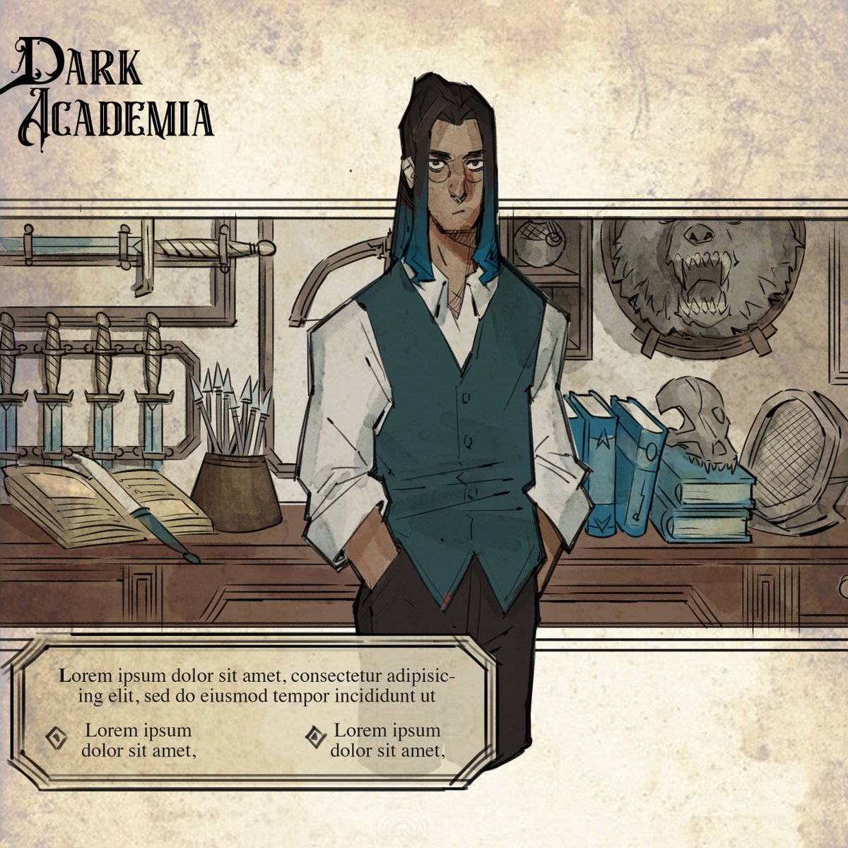 VeronicaBonaci1's tweet photo. I was just thinking about a mistery visual novel game based on a dark academia theme and I did some illustrations for fun. Part 3 - Alistair. He's a vampire hunter or something like that. Swords and crossbows nerd for sure.  #darkacademia #characterart
#oc #conceptart #gameart https://t.co/AXblyDZj4v
