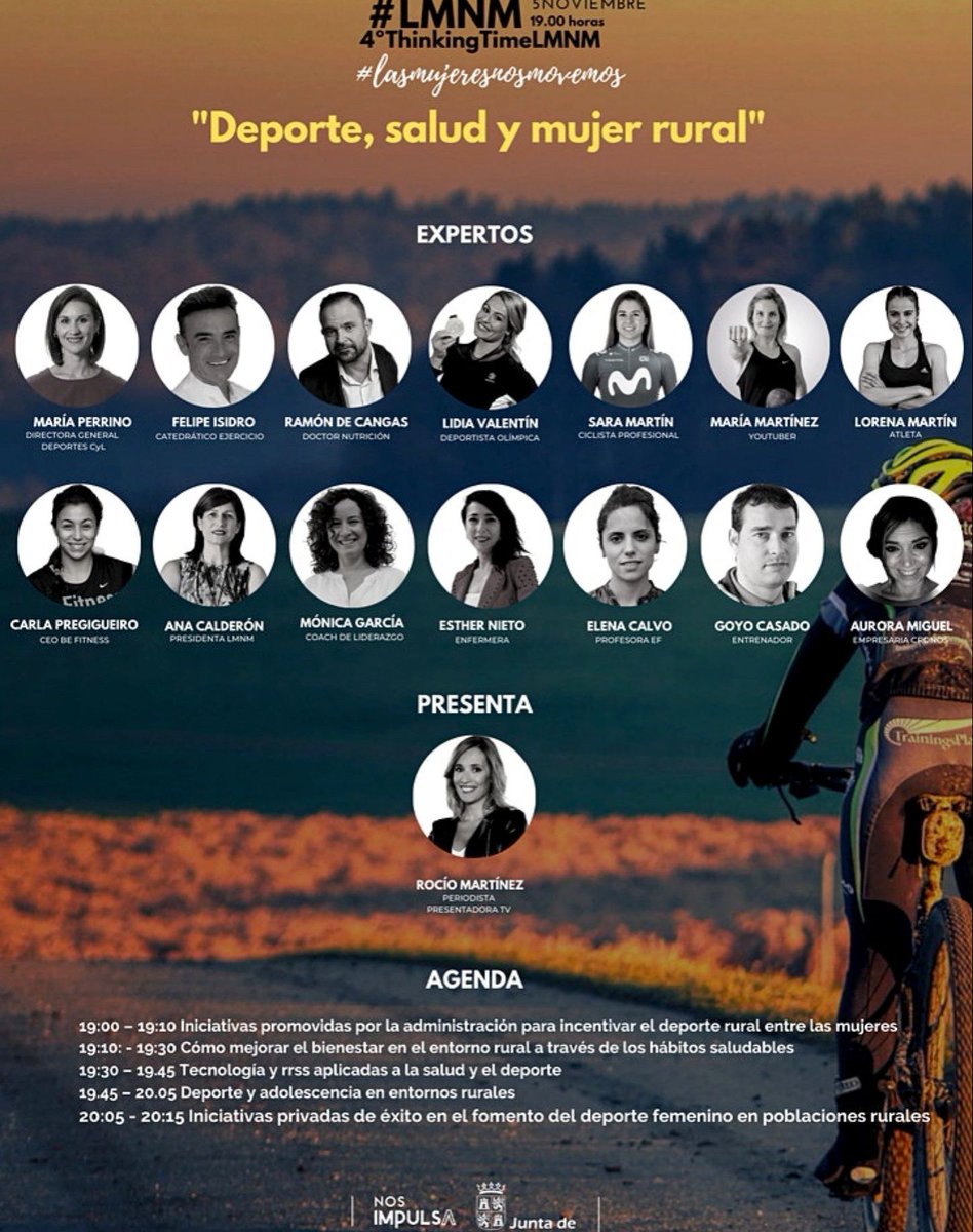Deportesjcyl's tweet photo. El #4ThinkingTimeLMNM de @LMNMovemos y @deportesjcyl llega mañana al @museoevolucion de Burgos. Deporte y mujer rural
Contará con la ciclista burgalesa @SamartinmartinA, la atleta salmantina @Lorena_martinmm o la tres veces medallista olímpica en halterofilia @lydikit https://t.co/pHrmsaxKeH
