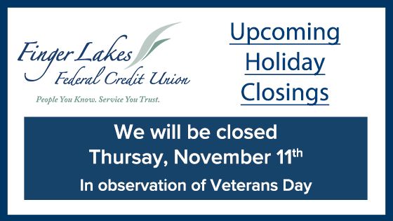 FingerLakesFCU's tweet photo. A quick reminder, we will be closed Thursday, November 11th in observation of Veterans Day. https://t.co/cXo44E9FBZ