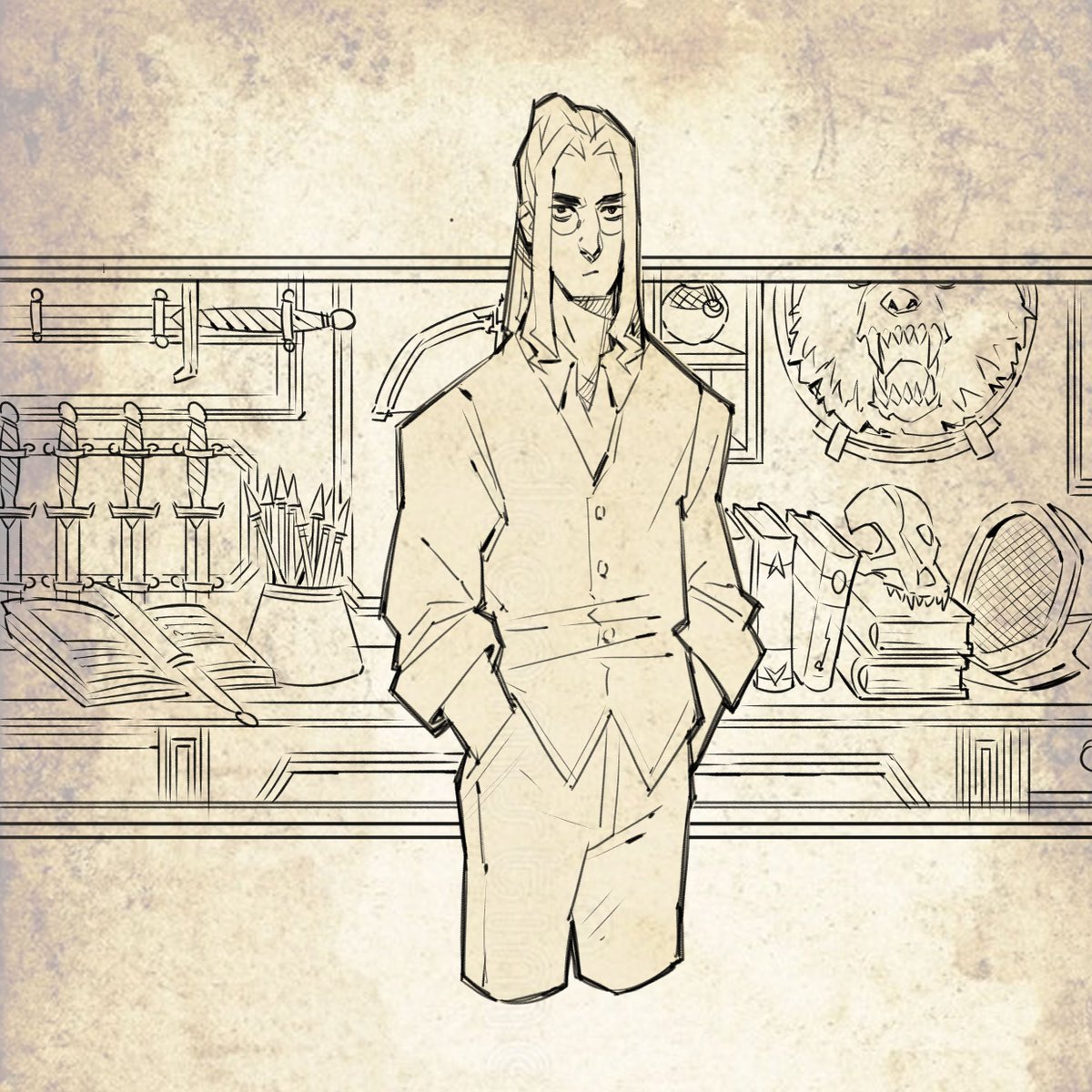 VeronicaBonaci1's tweet photo. I was just thinking about a mistery visual novel game based on a dark academia theme and I did some illustrations for fun. Part 3 - Alistair. He's a vampire hunter or something like that. Swords and crossbows nerd for sure.  #darkacademia #characterart
#oc #conceptart #gameart https://t.co/AXblyDZj4v
