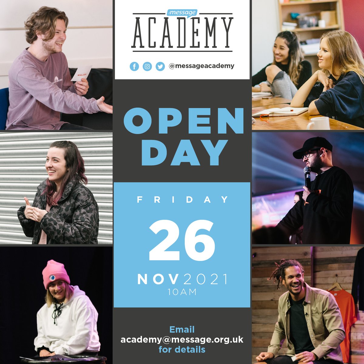 MessageAcademy's tweet image. Thinking about joining Academy? Come check out our OPEN DAY on Fri 26 Nov at 10am, M22 4RG. We'd love to meet you and share all about what you will experience on our #christiangapyear, and hear stories from past &amp;amp; present students. SEE YOU THERE! 

#gapyear #openday #charity