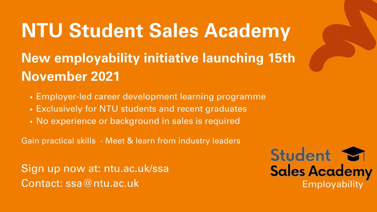 NTUempAaH's tweet photo. Join us for the launch of the Student Sales Academy – a new, NTU exclusive career development learning programme open to all students!😀

No previous sales experience needed!

📅15 November 

To book visit➡️https://t.co/LlCrsSzMcv https://t.co/jGCiWFID0V