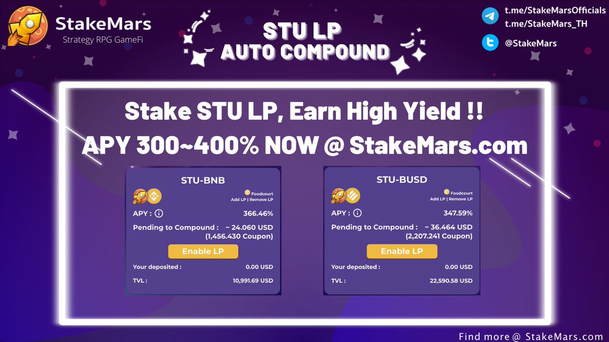 StakeMars's tweet image. Our Auto Compound Farms are still 300-400% APY !! 🚀

Hurry up to farm STU with us !! 🔥