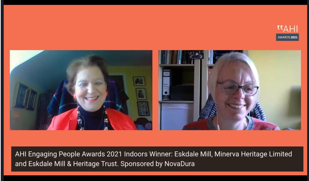 AHI_Social's tweet photo. Lisa of @MinervaHeritage celebrating @EskdaleMill winning the Indoors #EngagingPeople Award no screen with AHI Trustee @JackieLeeMAHI. #AHIawards21 #AHIEngage21 #AHIconf21 https://t.co/2AZJnfBu1J