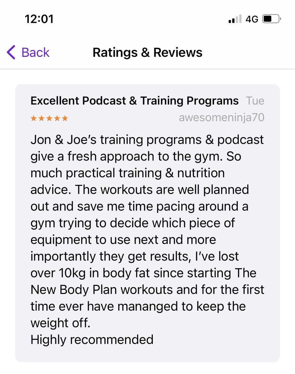 Well, this is the kind of <a href="/NewBodyPlan/">New Body Plan</a> podcast review I could get used to…

✅ Has lost 10kg using our plans
✅ Has kept the weight off
✅ Loves the podcast

More episodes, plans and advice that works coming your way soon! 💪