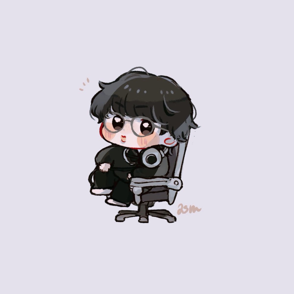 glasses solo headphones around neck black hair chibi sitting chair  illustration images