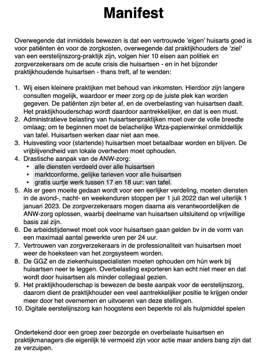 De aanstormende crisis onder praktijkhoudende huisartsen is nu zo urgent dat honderden zeer verontruste huisartsen (al dan niet praktijkhoudend) gezamenlijk een manifest hebben opgesteld. Graag RT