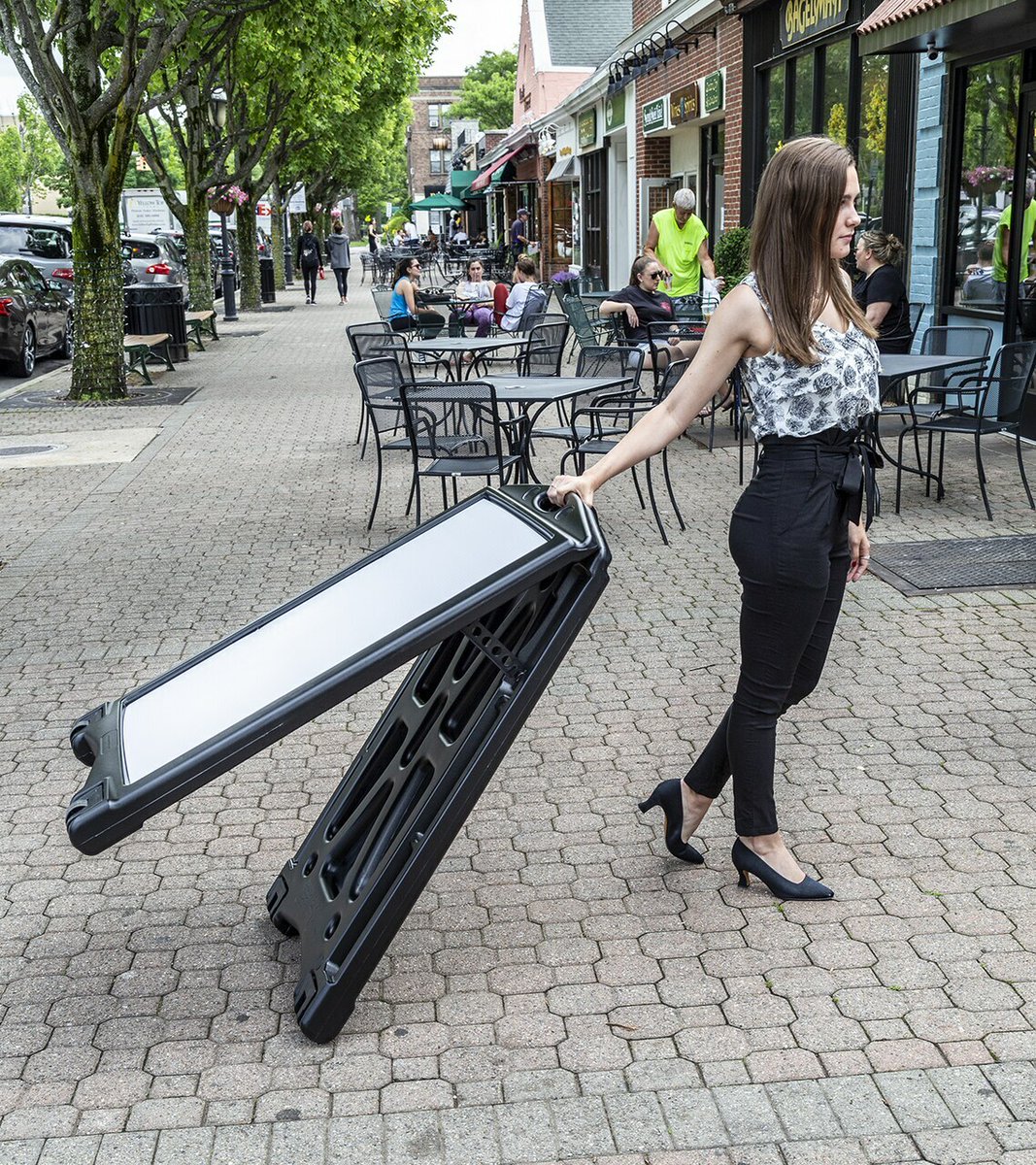 Our A-frame Sandwich Board Style Sidewalk Sign features unmatched user friendliness, portability, &amp; affordability. Just grip-tip-roll to move in or out without lifting/carrying to keep you clean and dry while transporting; can be moved folded or open. #OutdoorSignsAmerica #signs