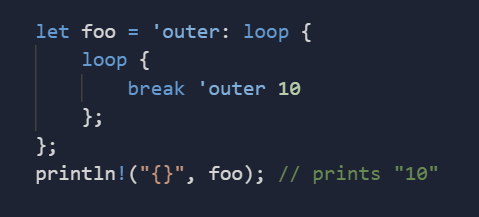 pushkine_'s tweet photo. Rust poopoo discovery of the day: 

Loop blocks may return values using the `break label? value` syntax https://t.co/E3F27JiMbs
