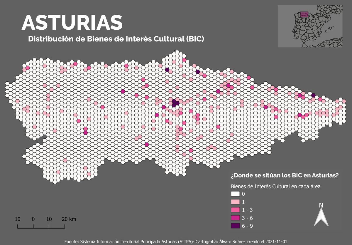 gis_jon's tweet photo. #30DayMapChallenge Day 4: Hexagons #QGIS 🗺️

🇪🇸 Distribución de Bienes de Interés Culturales (#BIC) en #Asturias 
🇬🇧 Distribution of Cultural Interest Assets in ASturias (SPA)
🇫🇷 Distribution des Biens d'intérêt culturel aux Asturies (ESP)
#turismoasturias #culturalmaps https://t.co/Ea4t688sJ5